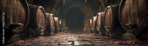Rows of Vintage Wine Barrels in a Dark, Stone Cellar