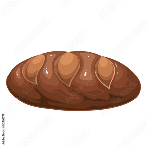 Rye bread, cartoon brown loaf with cuts at top. Fresh brown rustic oval bread, bakery products mascot. Cartoon gourmet cereal food snack, bread for breakfast, lunch and dinner vector illustration