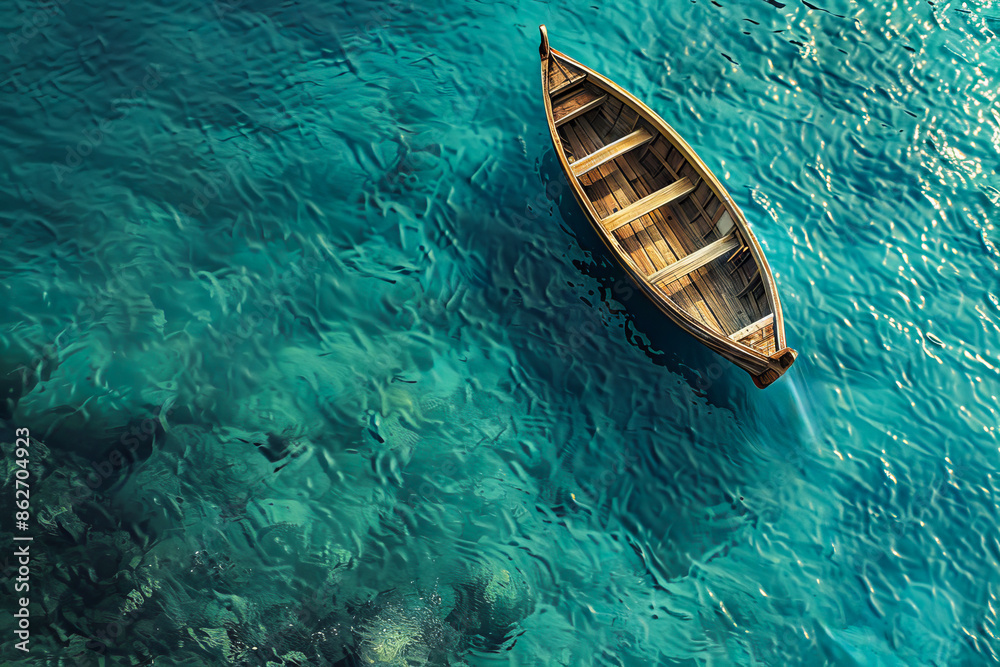 wooden boat floating on a calm lake wooden boat floating on a calm lake