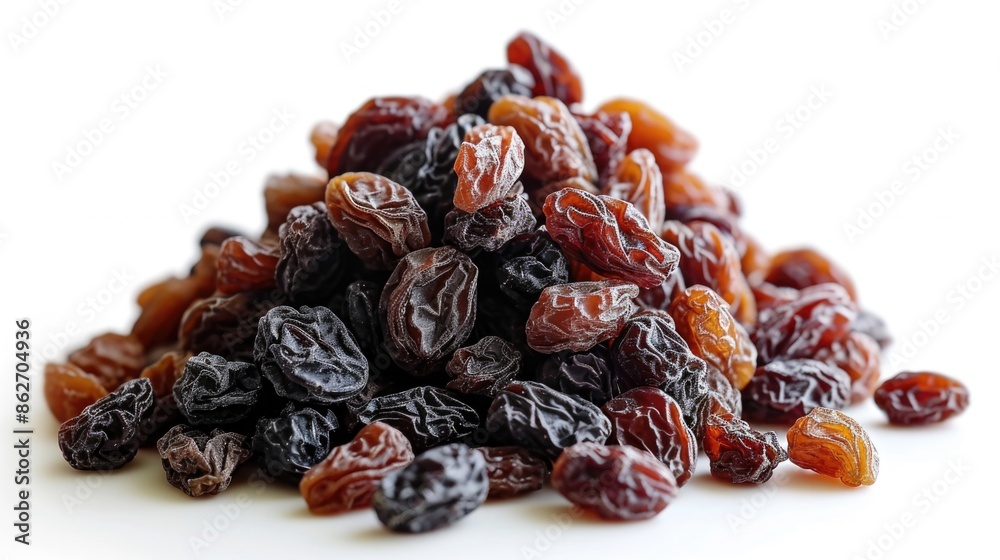 A pile of dried fruit, including raisins and cranberries, is spread out on a white surface A pile of dried fruit, including raisins and cranberries, is spread out on a white surface
