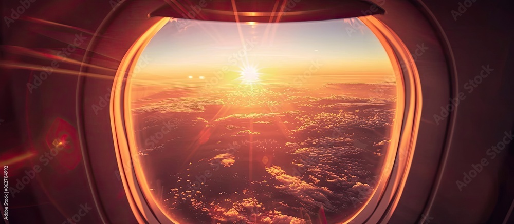 A stunning sunrise seen through an airplane window with a captivating vista, including a vast landscape below, creating a serene copy space image. A stunning sunrise seen through an airplane window with a captivating vista, including a vast landscape below, creating a serene copy space image.