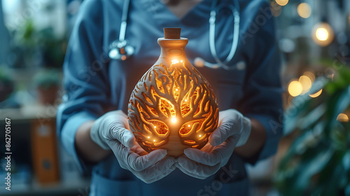 Doctor in gloves holding a glowing wooden coccyx model with the sacral cornua and apex with a neutral expression photo