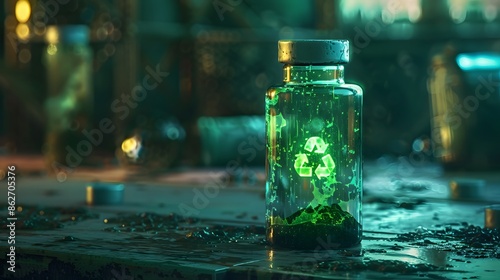 radioactive substances. a radioactive substance that glows green and has a warning symbol. Generative AI photo