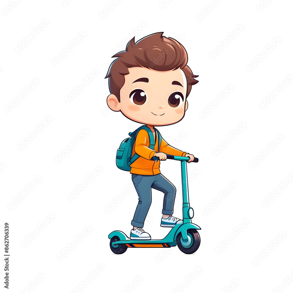 Little preteen boy riding a scooter in a protective helmet cartoon on transparent background. Little preteen boy riding a scooter in a protective helmet cartoon on transparent background.