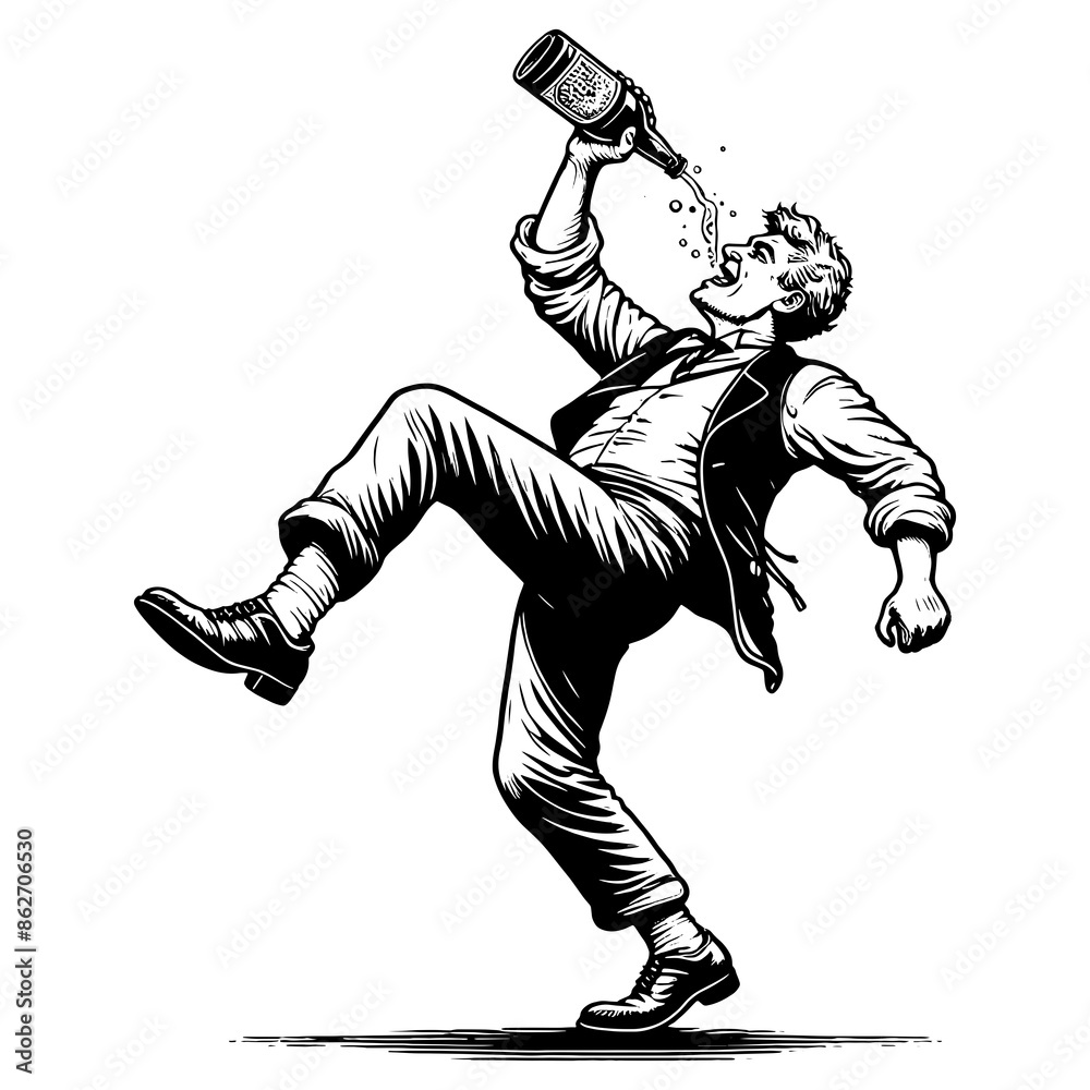 man drinking from a bottle in an exaggerated pose, lively and humorous moment sketch engraving generative ai fictional character PNG illustration. Scratch board imitation. Black and white image.