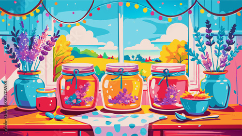 Colorful Homemade Jams on Sunny Kitchen Window Sill Illustration