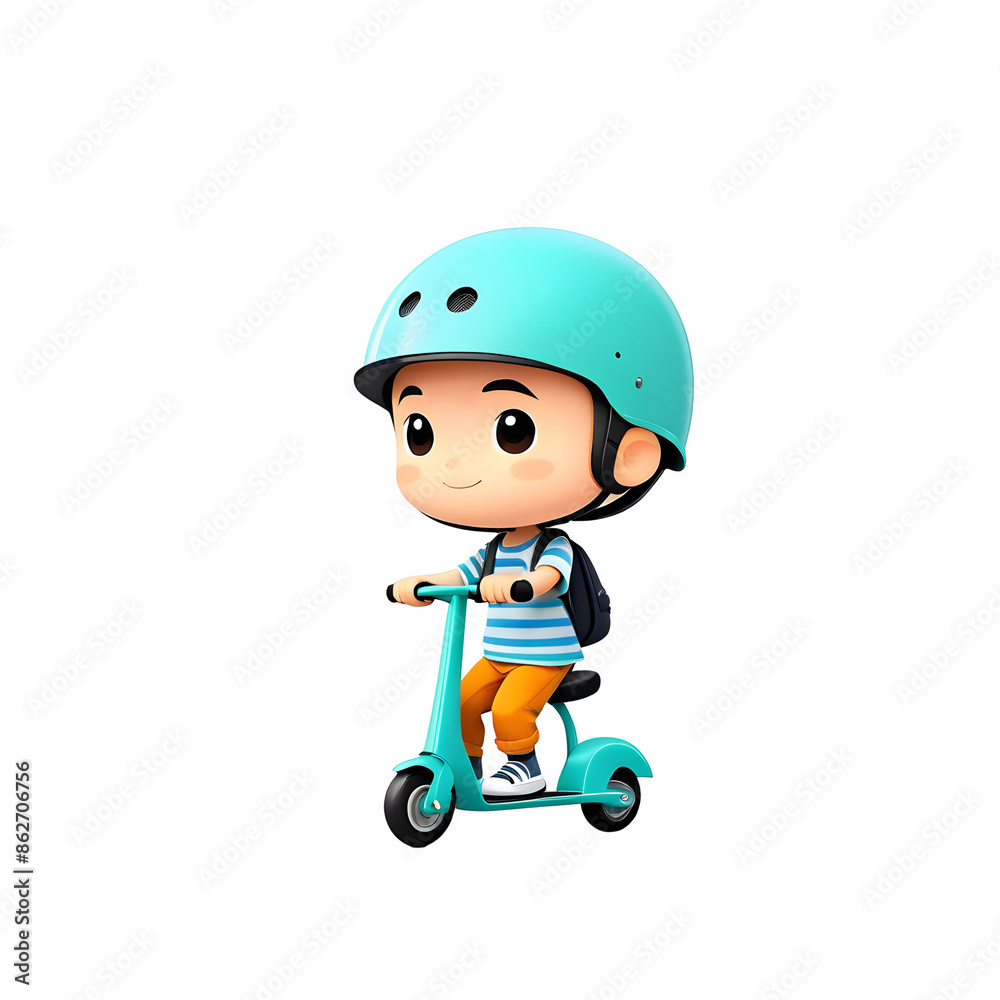 Little preteen boy riding a scooter in a protective helmet cartoon on transparent background. Little preteen boy riding a scooter in a protective helmet cartoon on transparent background.