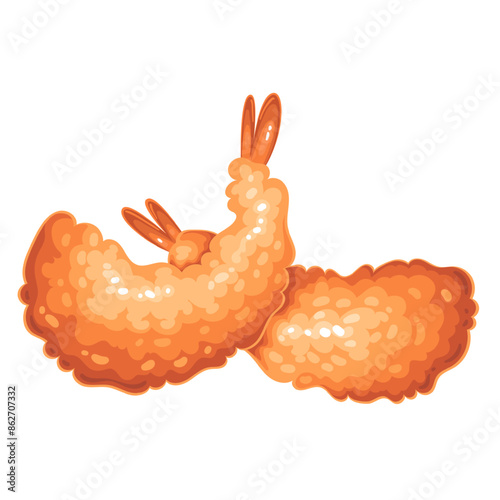 Tempura shrimp pile, cartoon deep fried prawns. Two golden crispy cutlet of seafood in flour and water batter with frying in oil, tempura method for cooking in Japan cartoon vector illustration