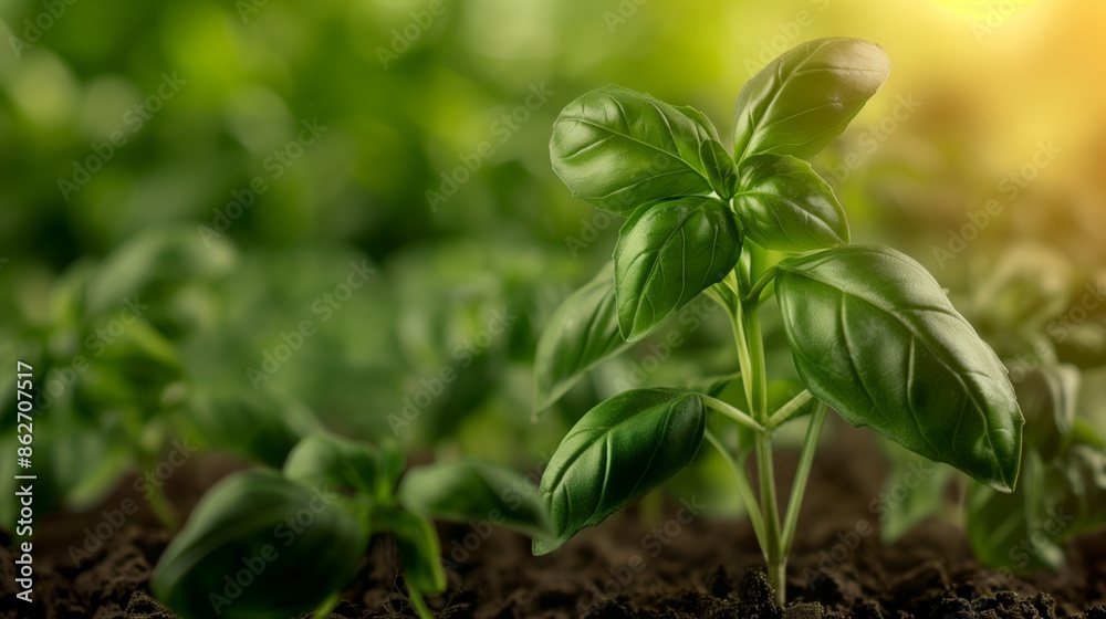 Close-up of green basil plants growing in a garden Close-up of green basil plants growing in a garden