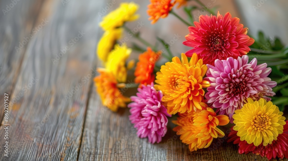 Close Up of Colorful Chrysanthemum Bouquet on Wood Background Close Up of Colorful Chrysanthemum Bouquet on Wood Background