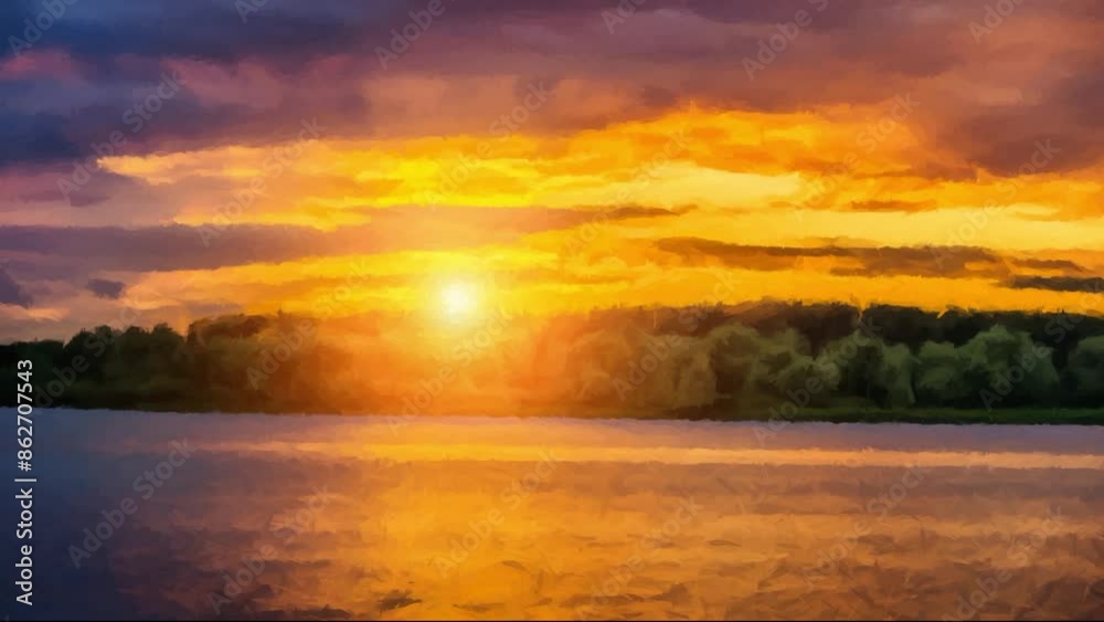 Drawing a picture. Sunset on background of river in central Russia. Drawing a picture. Sunset on background of river in central Russia.