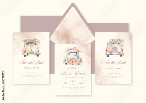Luxury wedding invitation card background with watercolor just married car.