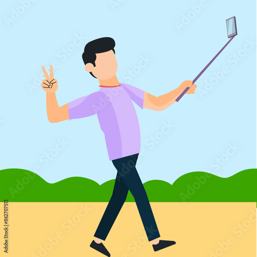 Man taking selfie photo on smartphone with monopod. Vector illustration.