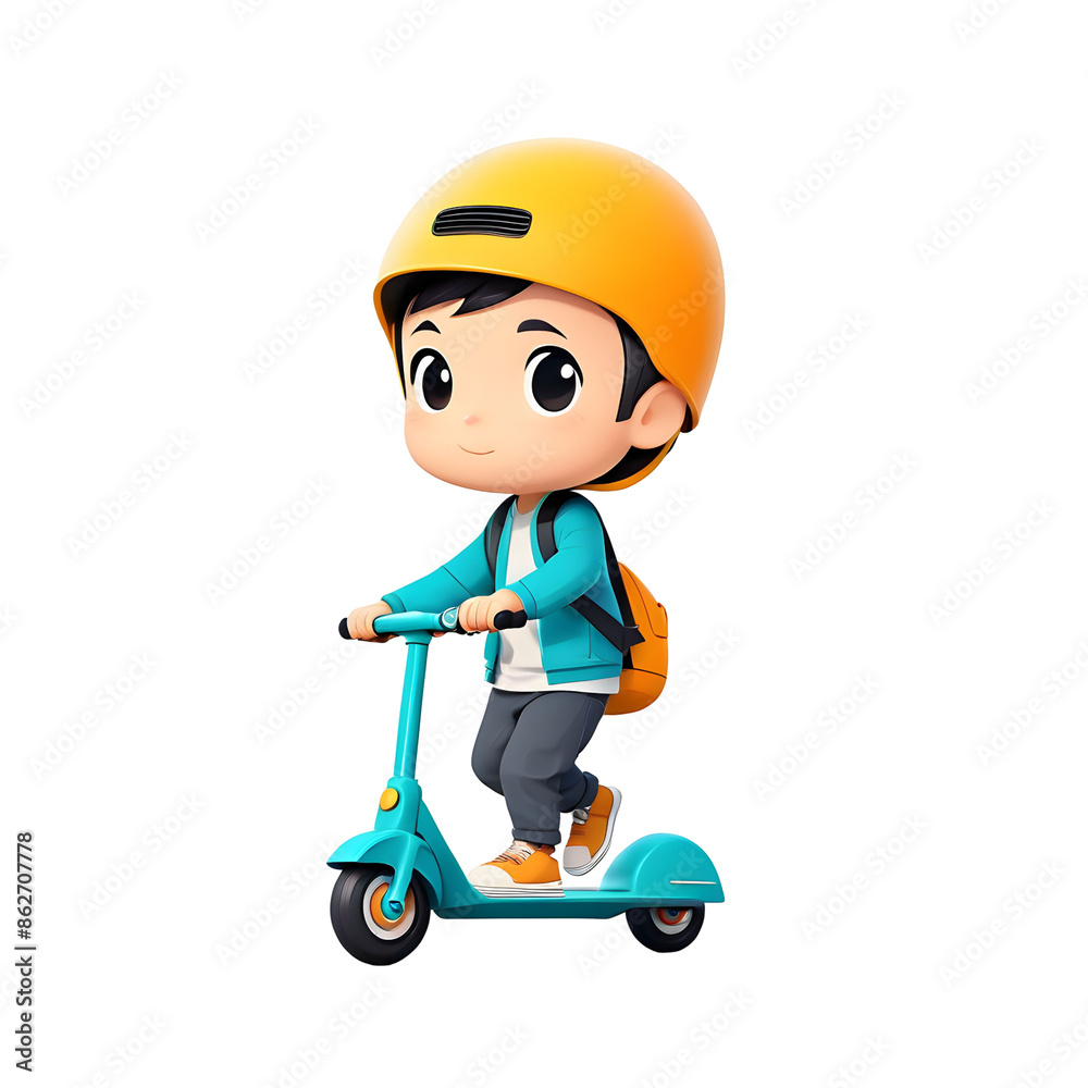 Little preteen boy riding a scooter in a protective helmet cartoon on transparent background. Little preteen boy riding a scooter in a protective helmet cartoon on transparent background.