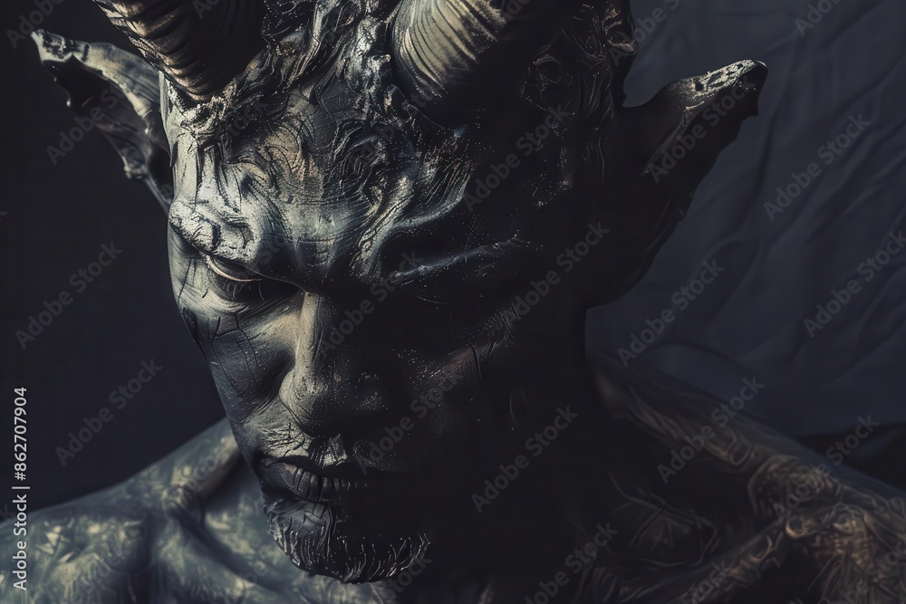emotive portrait melancholic devil figure with humanlike features dark ...