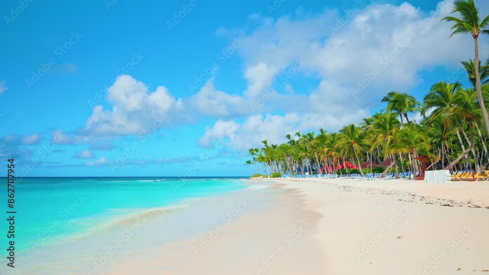 Coconut palms in front of a turquoise sea wave on a tropical Dominican beach. Soft wave on sand. Hot summer concept in America. Island with palm trees on the beach. A paradise for rest and relaxation. Coconut palms in front of a turquoise sea wave on a tropical Dominican beach. Soft wave on sand. Hot summer concept in America. Island with palm trees on the beach. A paradise for rest and relaxation.