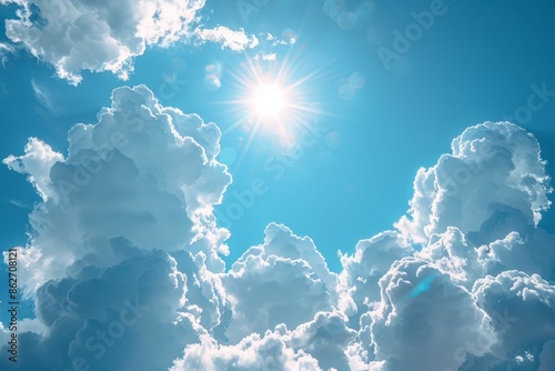 A bright, sunny day is depicted with a vibrant blue sky filled with large, fluffy white clouds, presenting a cheerful and uplifting scene full of light and openness.