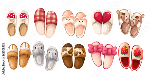 Cute slippers set, cartoon home footwear. Funny models with animal faces and heart parts, camouflage and checkered pattern. Pajama party mascot, cartoon slippers collection vector illustration