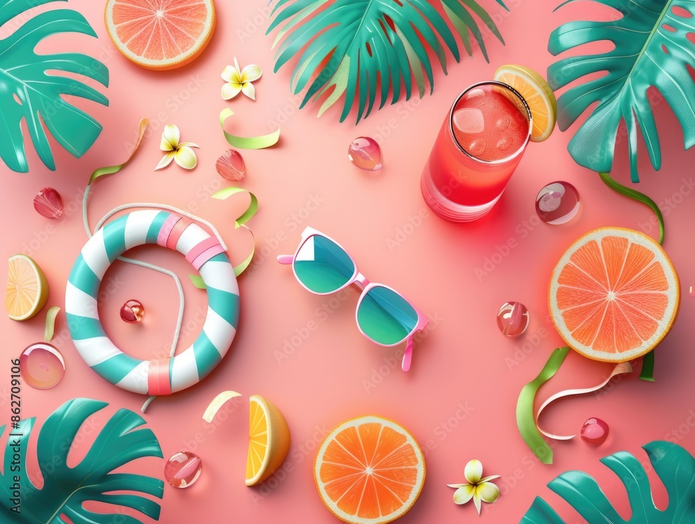 A tropical scene with a drink, a pair of sunglasses, and a life preserver. The drink is a pink beverage with a straw in it A tropical scene with a drink, a pair of sunglasses, and a life preserver. The drink is a pink beverage with a straw in it