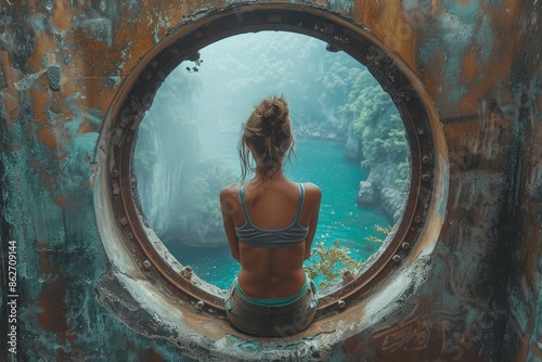 A woman gazes through a rustic porthole towards a tranquil lake surrounded by lush greenery. The scene exudes solitude and calm, capturing a moment of peaceful reflection. photo