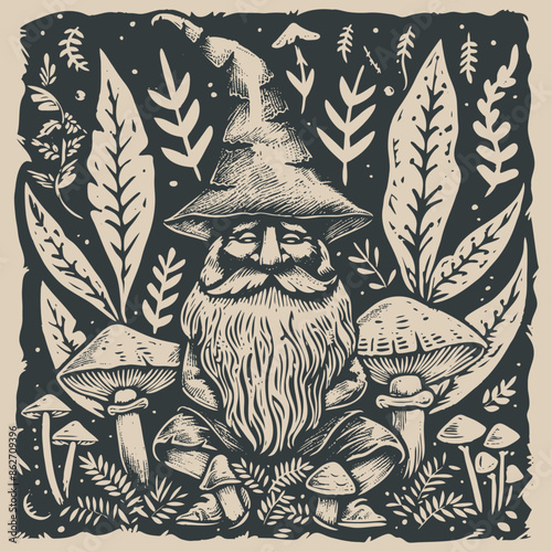 Old gnome sitting among mushrooms and leaves, vector