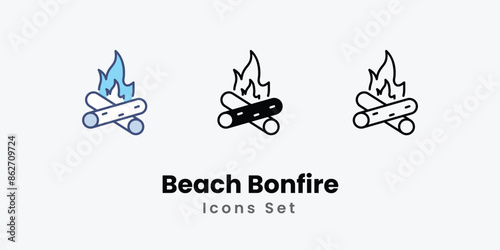 Beach Bonfire icons vector set stock illustration
