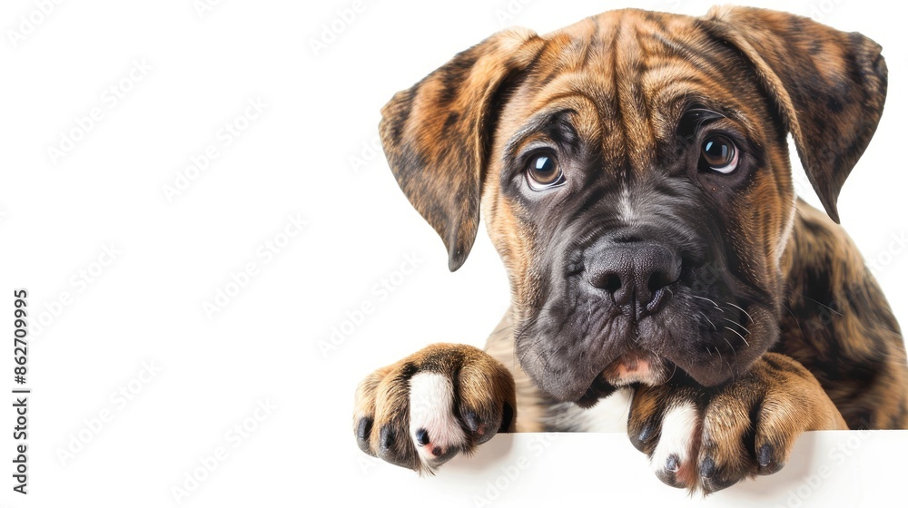 Obraz premium Sad Mastiff puppy gazes at blank white banner in isolation on white backdrop