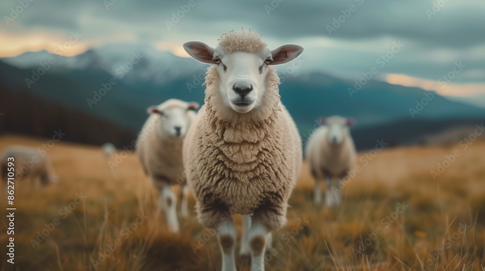 A sheep looks directly at the camera while walking through a grassy meadow A sheep looks directly at the camera while walking through a grassy meadow