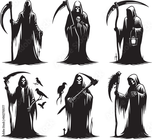 grim reaper silhouette vector style design set black color . white color background