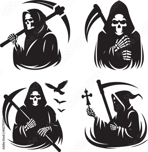 grim reaper silhouette vector style design set black color . white color background