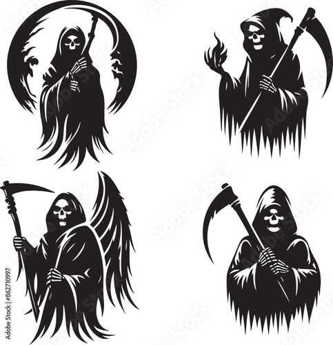 grim reaper silhouette vector style design set black color . white color background