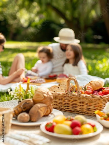 summer picnic basket with bread, fruit and tomatoes - close-up of food on a table. © auc