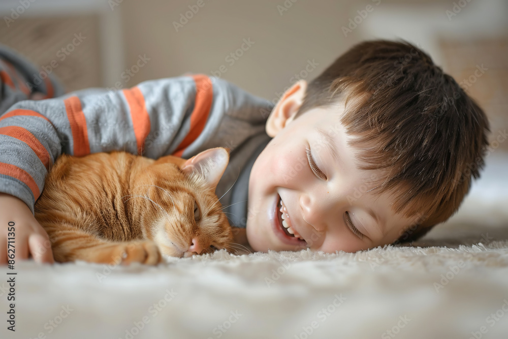 little boy with special needs hugs an orange cat and laughs, natural expressions and friendly interaction between the boy and cat, Down syndrome