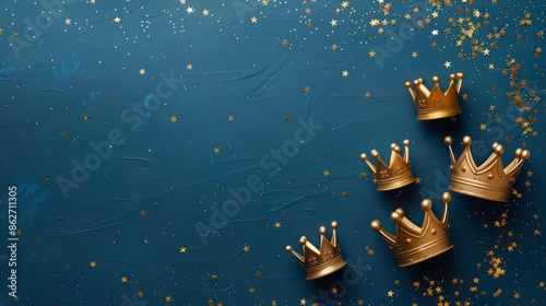 celebration with three gold crowns on blue background for Dia de Reyes Magos a joyful Epiphany day High angle view open space flat lay Copy space image. Generative AI photo