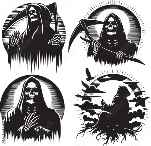 grim reaper silhouette vector style design set black color . white color background