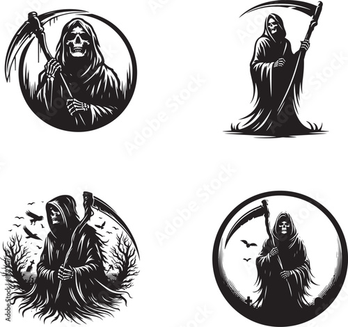grim reaper silhouette vector style design set black color . white color background