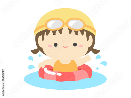 夏の海やプールで浮き輪をつけて泳ぐ女の子02