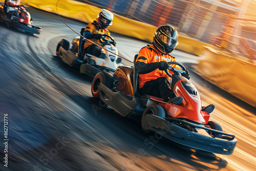 A group of friends competing on a go-kart track, focused and passionately maneuvering their racing cars.