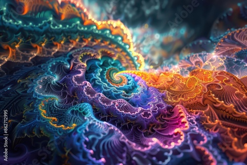 abstract digital landscape of fractals and sacred geometry swirling mandalas and tessellating patterns merging into a cosmic kaleidoscope of vibrant colors