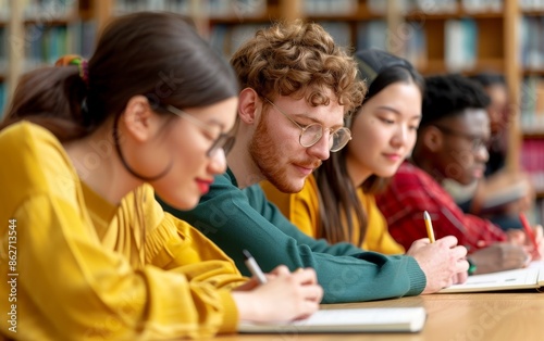 diverse students focused on studying in a library setting - education, teamwork, and collaboration.