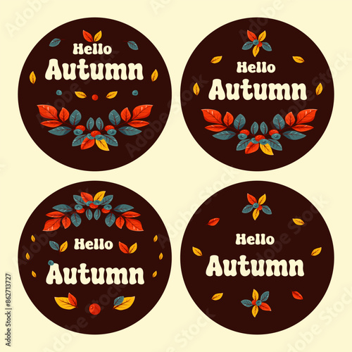 Hello Autumn, autumn season, leaves, berries, vector lettering, sticker set