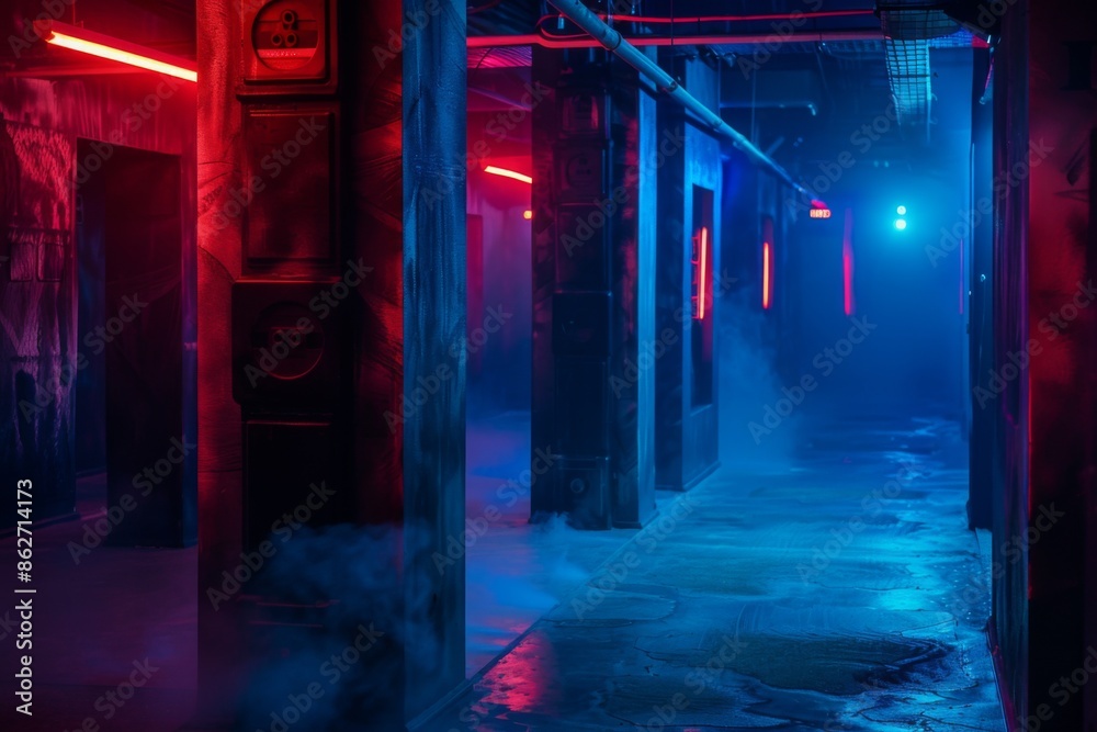 An atmospheric background featuring a laser tag arena at night, with glowing targets and neon-lit obstacles.