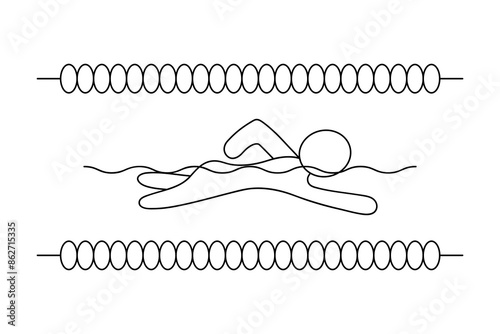 A swimmer swims crawl. The paths in the pool are separated by wave breakers. Sketch. Vector icon. A man plays sports on the water. Isolated white background. Coloring book for children. Doodle style. 