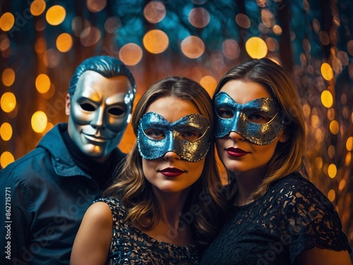 Group of people, wearing scary, horror mask with bokeh background