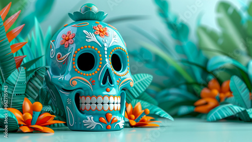 A sugar skull, adorned with flowers, symbolizes Dia de los Muertos, reflecting a vibrant tradition and cultural heritage in a vivid display.

 photo