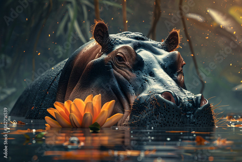 a hippo in water with a flower photo
