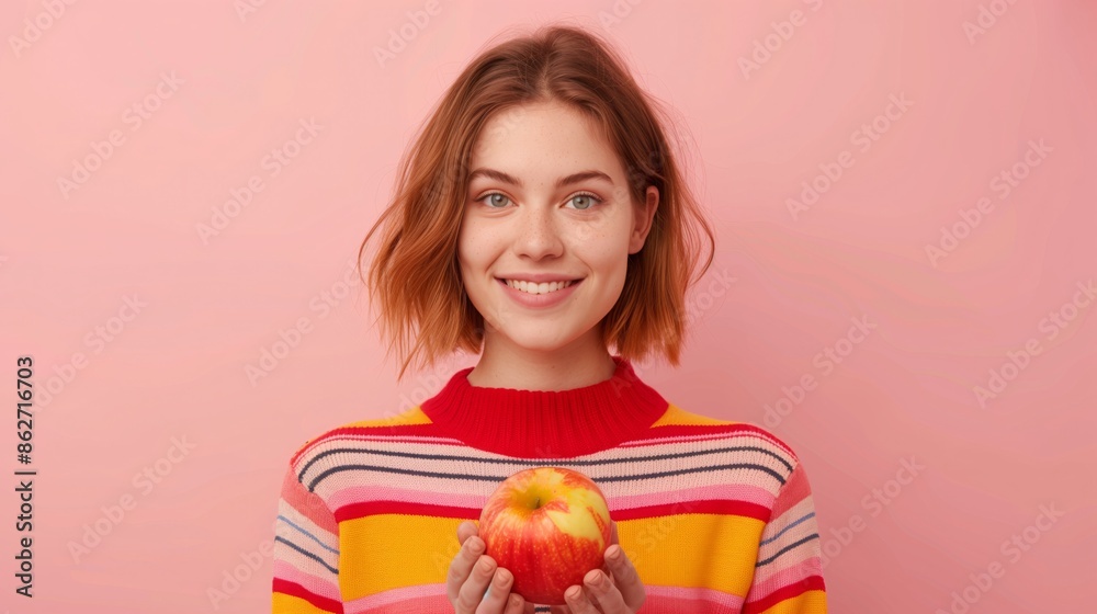 A woman smiles brightly while holding a red apple in front of a pink background A woman smiles brightly while holding a red apple in front of a pink background