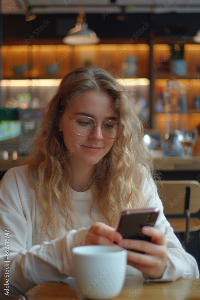 A woman is sitting at a table with a cell phone in her hand and a cup of coffee in front of her. She is smiling and she is enjoying her time A woman is sitting at a table with a cell phone in her hand and a cup of coffee in front of her. She is smiling and she is enjoying her time