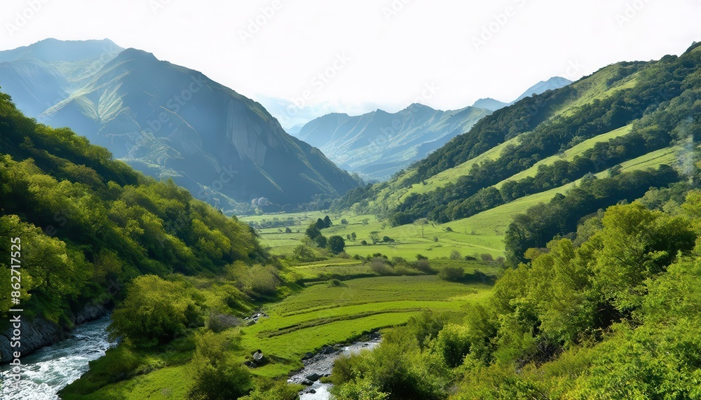 Naklejka premium Lush Valley Nestled Among Majestic Mountains