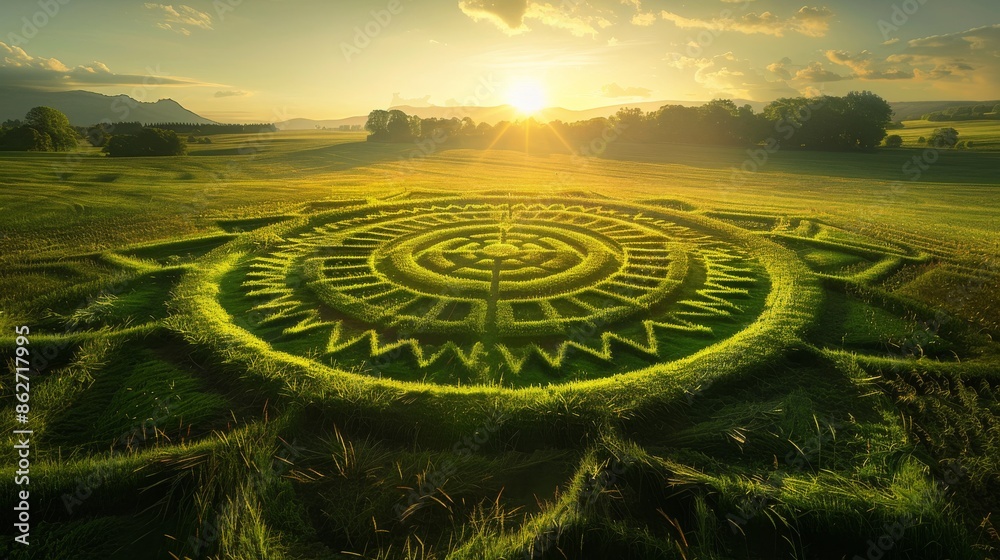 A green-yellow crop circle with geometric patterns and a close-up of wheat ears. A green-yellow crop circle with geometric patterns and a close-up of wheat ears.